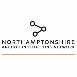 Logo of the Northamptonshire Anchor Institutions Network featuring three connected dots above the organisation’s name, with a horizontal orange line underneath the text.