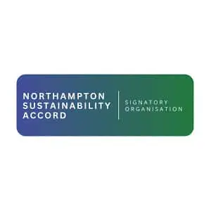 Logo with a blue-to-green gradient background and white text that reads Northampton Sustainability Accord | Signatory Organisation.