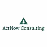 Green text ActNow Consulting with a green triangle above containing a white tree silhouette, all on a white background.