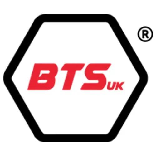 A bold, black hexagon outline with BTS UK written in red inside it. A registered trade mark symbol appears in the top right corner of the hexagon. The background is white.