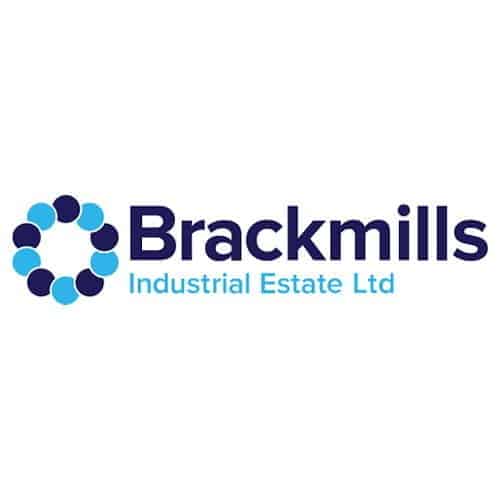Brackmills Industrial Estate Ltd logo with a blue circular design made of dots to the left of the company name in bold dark blue and light blue text on a white background.