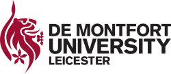 De Montfort University Leicester logo with a maroon lion head and a flower to the left of the university name in bold black text.
