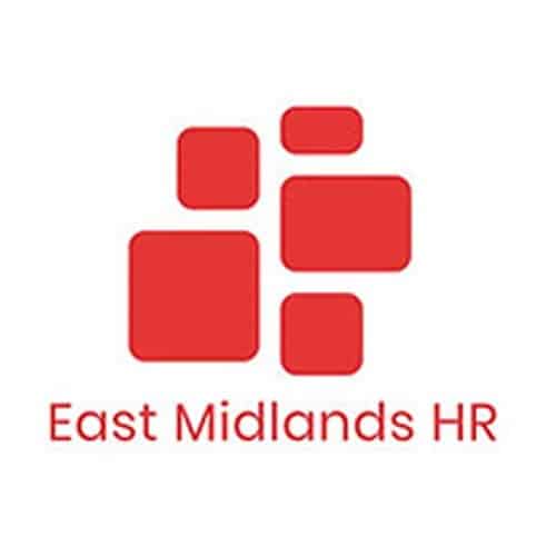 Red geometric shapes forming a cluster above the text East Midlands HR in red, on a white background.