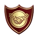 A maroon and gold shield emblem featuring two hands shaking in the centre, symbolising partnership or agreement.
