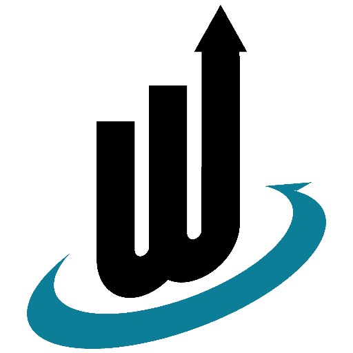A black upward arrow forms part of a rising bar chart, encircled by a teal swoosh, symbolising growth and progress.