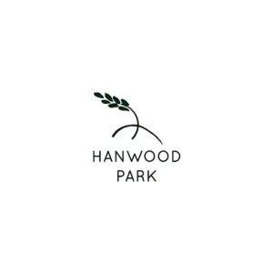 Minimalist logo featuring a curved line with a sprig of leaves above the words HANWOOD PARK in uppercase, centred on a white background.
