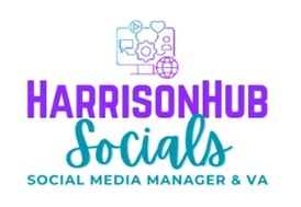 Logo for HarrisonHub Socials with icons of a computer, gears, heart, and globe above the text. Tagline reads: Social Media Manager & PA.