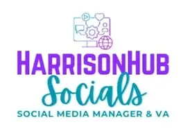 Logo for HarrisonHub Socials with icons of a computer, gears, heart, and globe above the text. Tagline reads: Social Media Manager & PA.