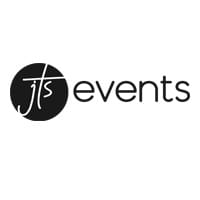 Black circle with white handwritten jts on the left, next to the word events in a modern black font on a white background.