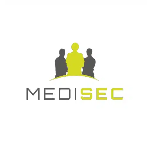 Logo with three human silhouettes, the middle one highlighted in yellow, above the word MEDISEC, with SEC in yellow and MEDI in grey, on a white background.