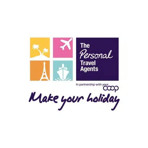 Logo featuring four colourful travel icons (palm trees, aeroplane, Eiffel Tower, cruise ship) and text: The Personal Travel Agents in partnership with your Co-op. Make your holiday on a white background.