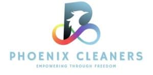 Logo for Phoenix Cleaners featuring a stylised phoenix inside a P shape with a rainbow infinity loop below. Text reads: PHOENIX CLEANERS Empowering Through Freedom.