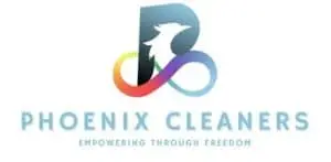Logo for Phoenix Cleaners featuring a stylised phoenix inside a P shape with a rainbow infinity loop below. Text reads: PHOENIX CLEANERS Empowering Through Freedom.