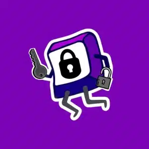 Cartoon square character with a lock symbol on its body, holding a key in one hand and a padlock in the other, on a solid purple background.