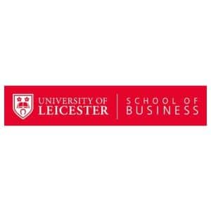 Red and white University of Leicester School of Business logo, featuring the university crest on the left and text on the right.