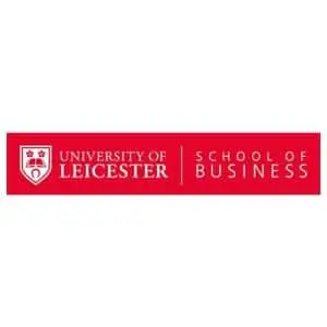 Red and white University of Leicester School of Business logo, featuring the university crest on the left and text on the right.