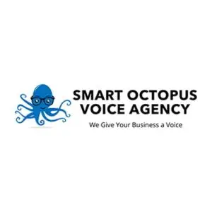 Blue octopus wearing glasses next to the text SMART OCTOPUS VOICE AGENCY and the tagline We Give Your Business a Voice on a white background.