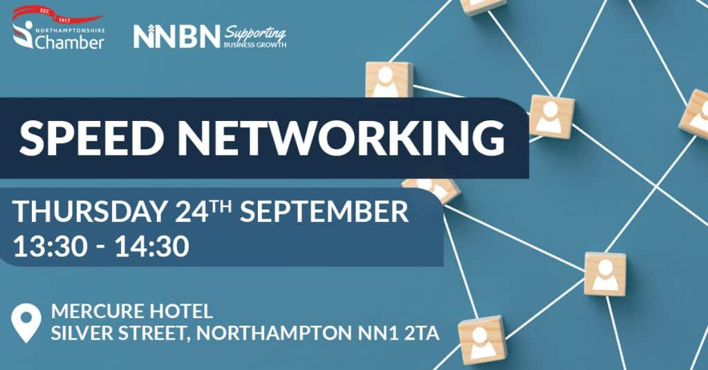 Event flyer for Speed Networking on Thursday, 24th September, 13:30-14:30 at Mercure Hotel, Northampton. Features logos and a networking graphic with icons connected by lines.