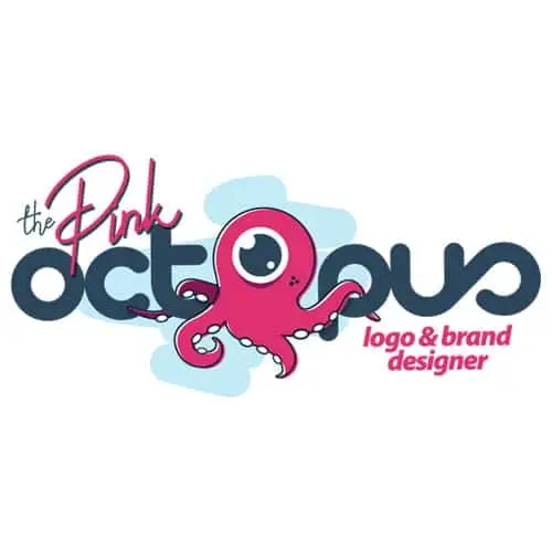 Logo featuring a cute pink octopus with large eyes, playful font reading The Pink Octopus logo & brand designer in pink and blue letters, with a blue splash background behind the octopus.