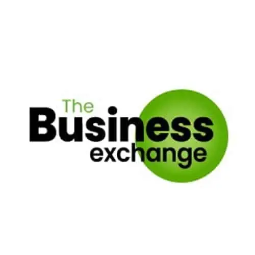 Logo with the words The Business Exchange. Business is bold and black, partly over a green circle. The and exchange are in smaller, lighter text. White background.