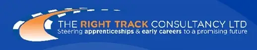 Logo for The Right Track Consultancy Ltd, featuring a curved road graphic and the strapline: Steering apprenticeships & early careers to a promising future, on a blue background.