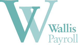Teal logo with a large letter W in the background and the words Wallis Payroll in a serif font on the right-hand side.