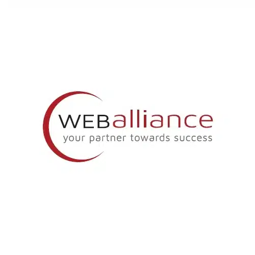 Logo with red curved line, the text WEBalliance in black and red, and the tagline your partner towards success in grey, on a white background.