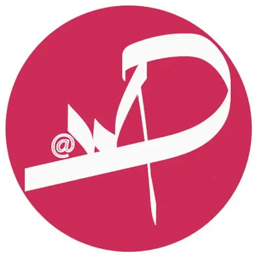 A stylised white wp with an @ symbol is set against a solid pink circle background.