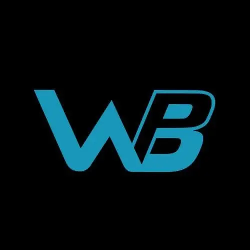 Blue initials WB in a bold, modern font on a solid black background.