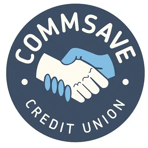 A circular logo with the words COMMSAVE CREDIT UNION and an illustration of two hands shaking, one white, one blue, symbolising partnership and trust.