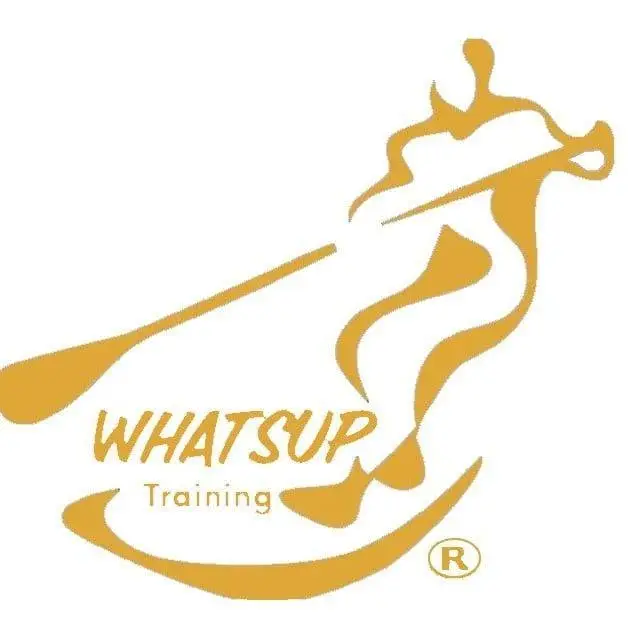 Stylised gold graphic of a person paddling on a board, with the words “WHATSUP Training” below the figure and a trade mark symbol at the bottom right.