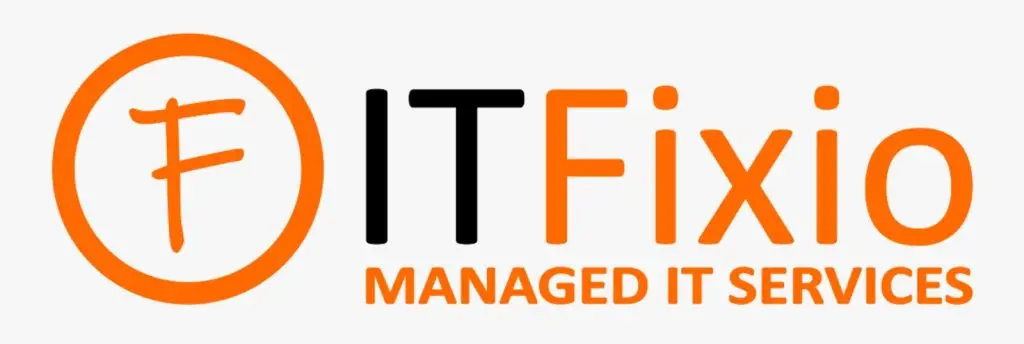 ITFixio logo with an orange F in a circle, ITFixio in black and orange text, and Managed IT Services in orange below.