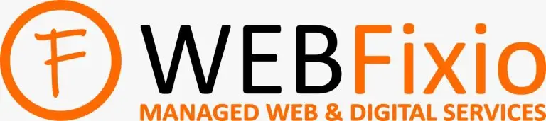 Logo for WEBFixio with an orange F in a circle, black and orange text reading WEBFixio, and orange text below stating Managed Web & Digital Services on a light background.